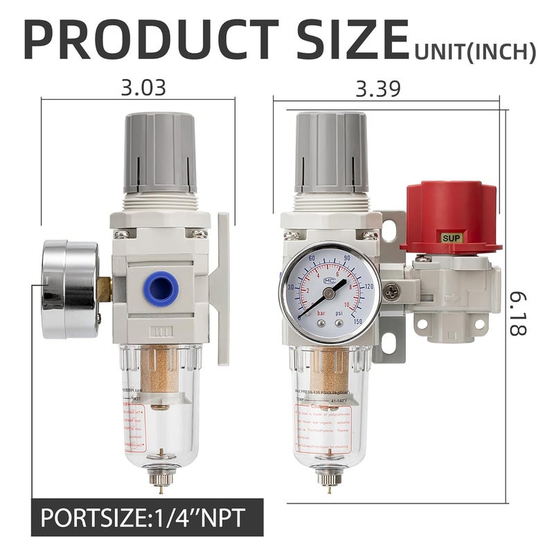 LNCHKA Pneumatic Air Compressor Filter Regulator Combo 1/4" NPT 0-150 PSI,Pressure relief 3 port valve,Manual Drain,5 Micron Brass Element - Image 3
